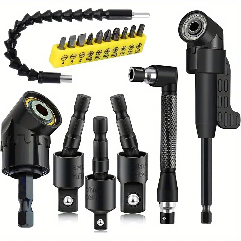 4/17-piece set of flexible drill bit extenders, including 3 rotatable sleeve adapters, 2 cross-slot 105-degree right-angled drill chucks, 10 short screwdriver bits, 90-degree angled bits, and bendable drill bit extenders.