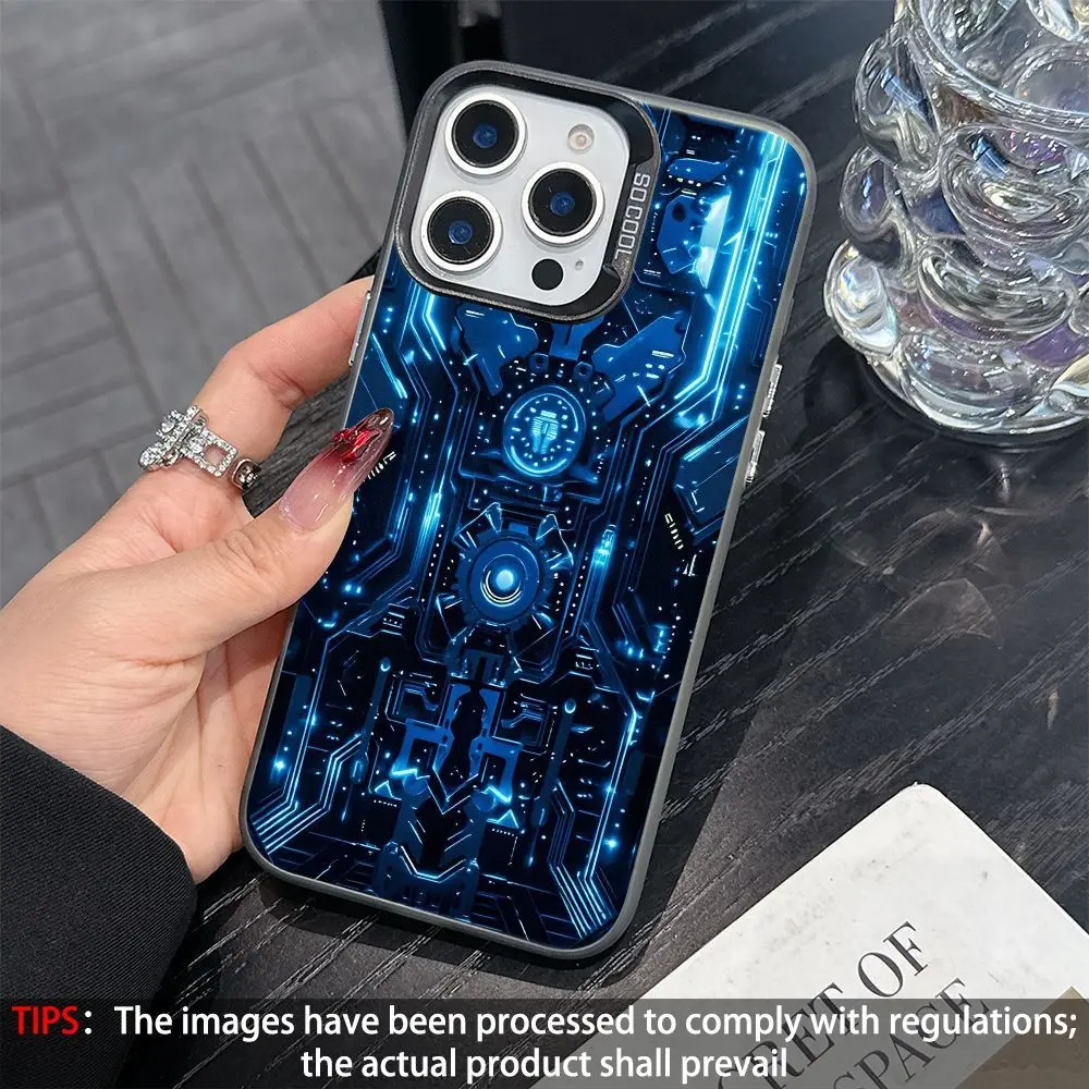 Futuristic Blue Neon Circuit Mechanical Tech Core Cyberpunk Background Phone Case For iPhone 17 Pro Max 16E 15 Pro 14 Plus 13 Mini 12 11 Air, Shockproof Slim Protective Cover, Cool Tech Style Phone Accessory, Ideal Gift For Gamers & Tech Lovers