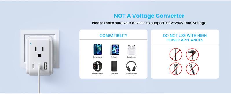 SQ-APT018 1 Pack European Travel Plug Adapter,  Foldable International Power Plug with 2 AC Outlets 3 USB Ports(2 USB C), Type C Travel Essentials Charger for US to Most of Europe EU Italy Spain France