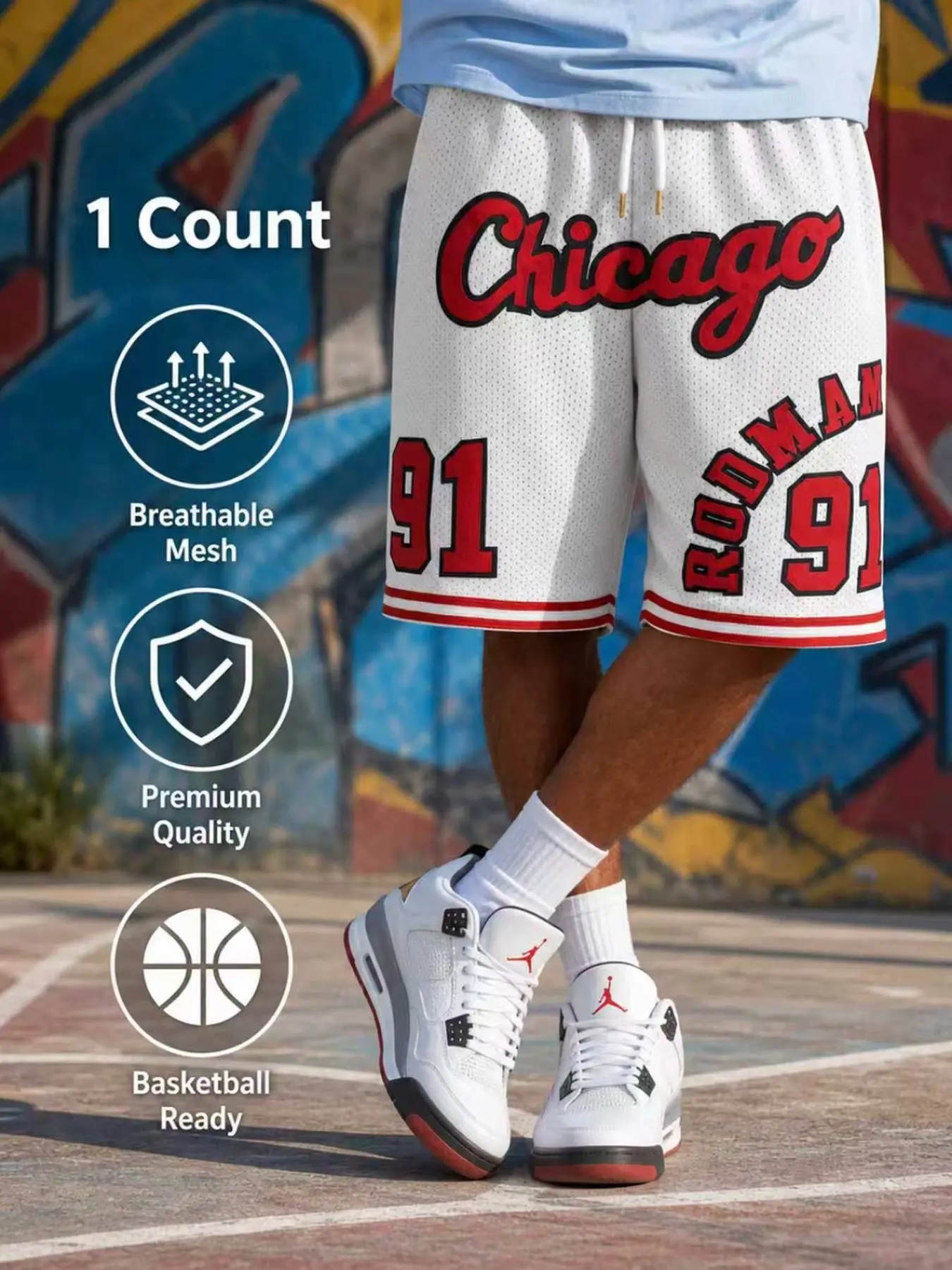 Men‘s Chicago #91 Embroidered Retro Basketball Shorts, Breathable Drawstring Waist Athletic Shorts, Vintage Casual Streetwear Bottoms for Daily Wear Sports Fans Gift