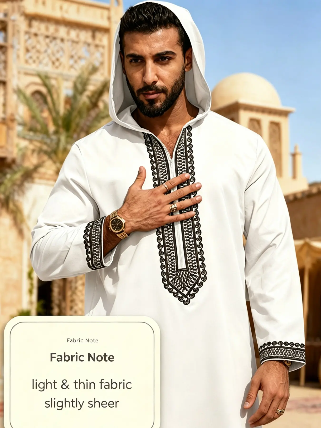 Vintage Ethnic Style Men's Hooded Robe, Full Embroidery Design, Smooth Flowing Long Sleeve Shirt, Muslim Men's Commute Home Wear