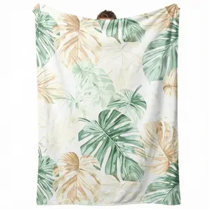 60x50 Inch Watercolor Neutral Green Beige Monstera Leaf Tropical Boho Flannel Throw Blanket, Anti Pilling Hypoallergenic Ultra Soft Wrinkle Resistant No Shed Foldable Plush Blanket for Plant Parent Jungle Home Decor