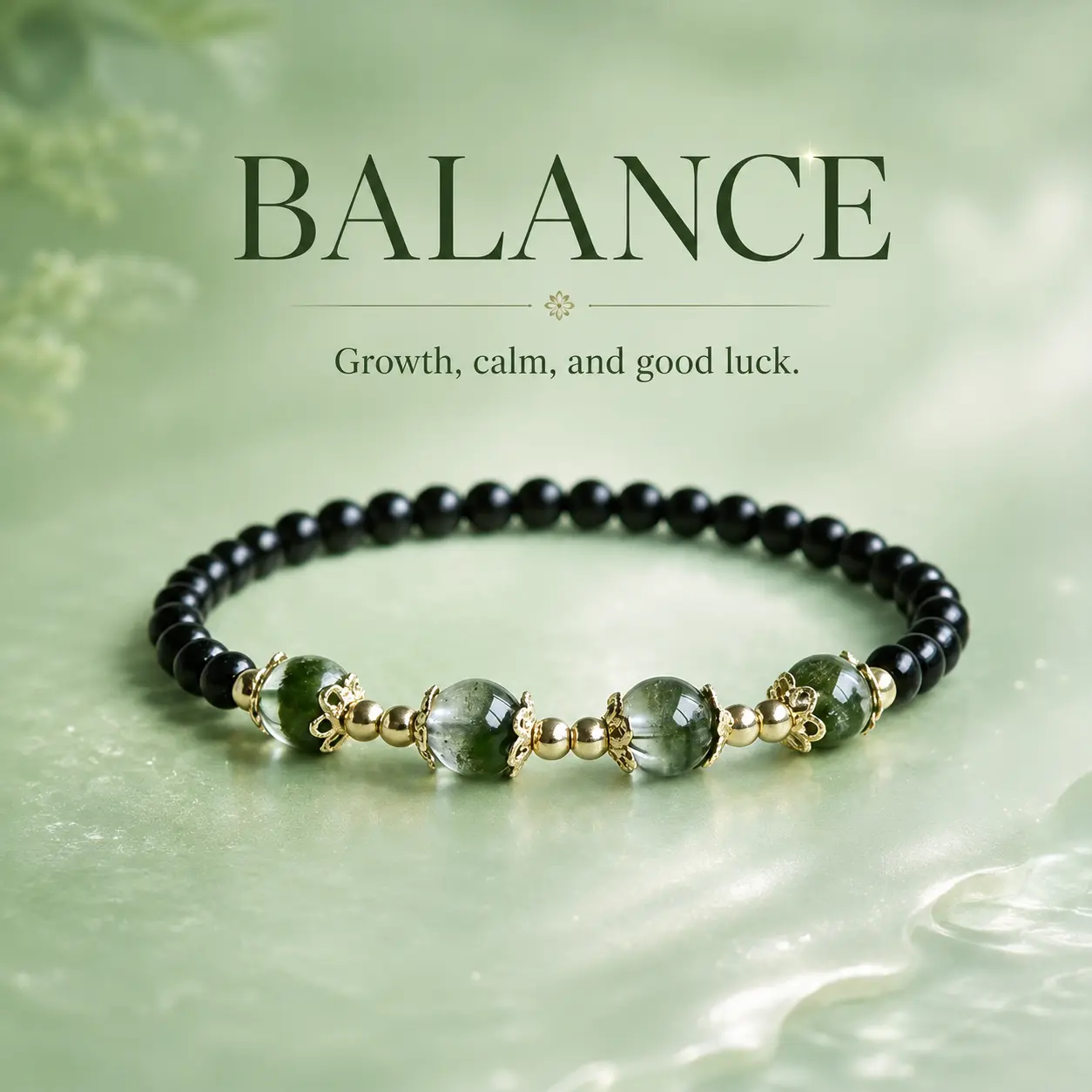 Women's Natural Crystal Black-Green Beaded Bracelet, 4mm Petite Stretch Wrist Jewelry for Daily Wear, Balance & Good Luck Accessory