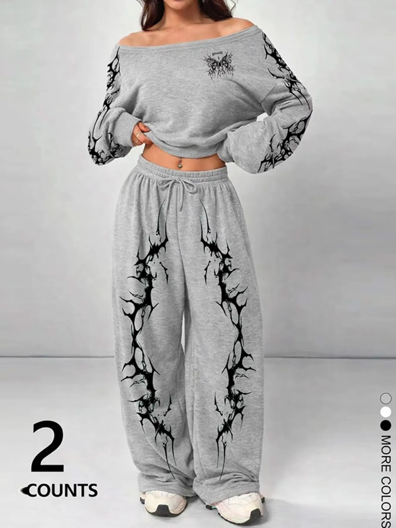 Dark Gothic Style Thorn Totem Print Asymmetrical Short Sweatshirt Set, Y2K Goth Shoulder-Exposed Loose-Fit