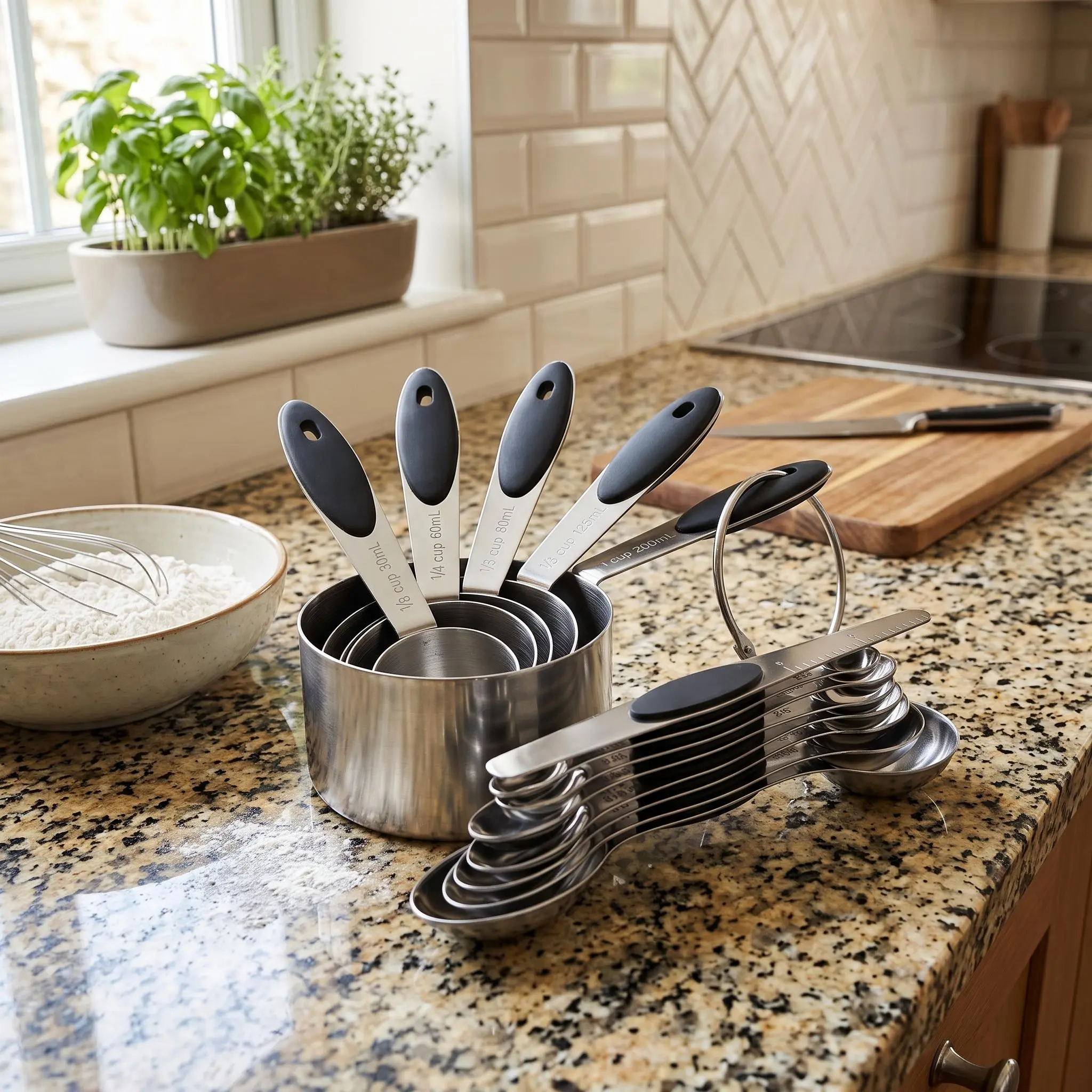 IdealHouse Sturdy 13-Piece 304 Stainless Steel Kitchen Measuring Utensil Set - 8 Spoons, Measuring Cups, Multi-Size Nesting Set, Black Non-Slip Handles, Engraved Marks, Metric/Imperial, Dishwasher Safe for Home Chefs' Cooking, Baking
