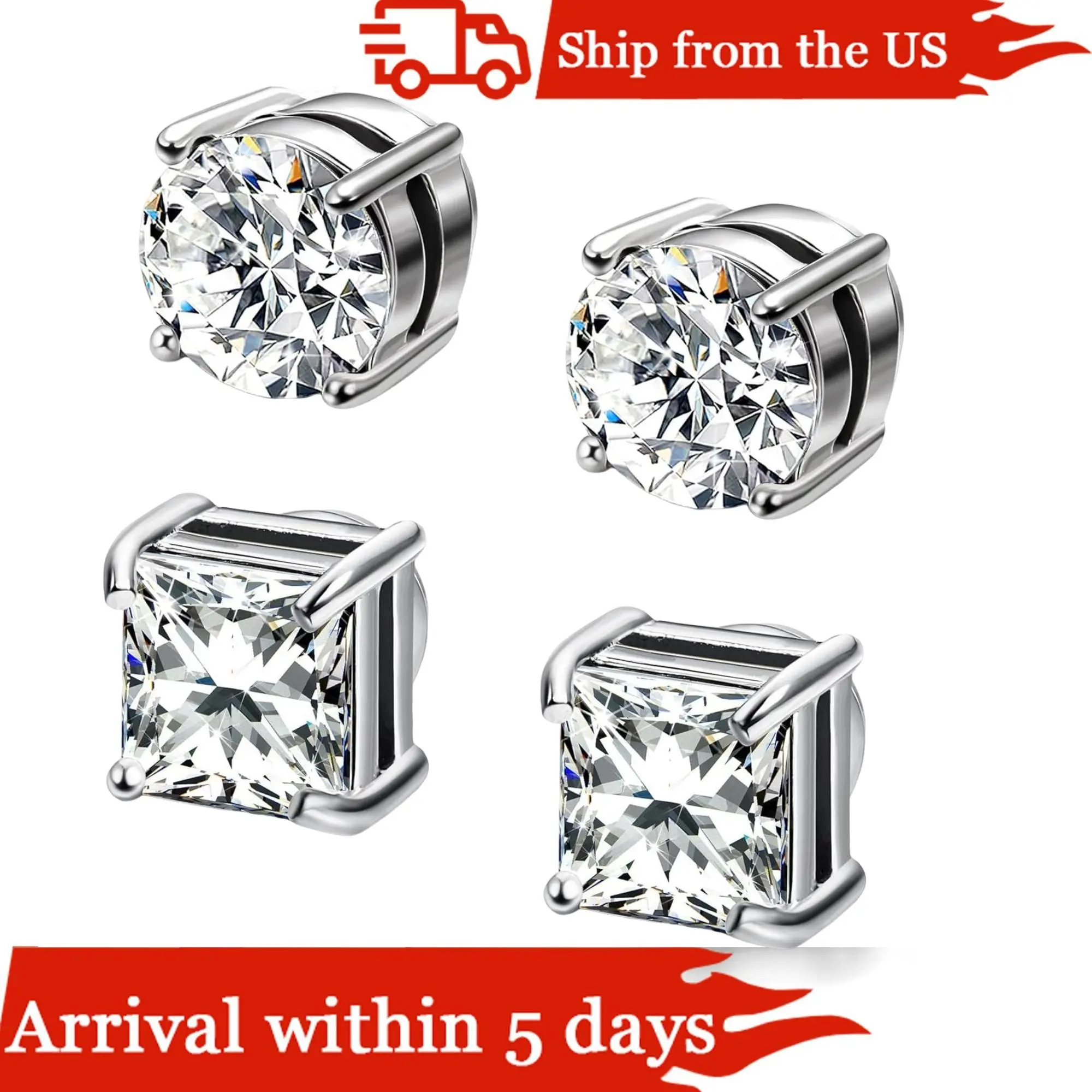 Cassieca 2 Pairs Stainless Steel Magnetic Square Prong Earrings for Men - Non-Piercing, Hypoallergenic, 5-9MM Sparkling Zircon Cubic Zirconia Designs for Jewelry Lovers  DealsForYouDays