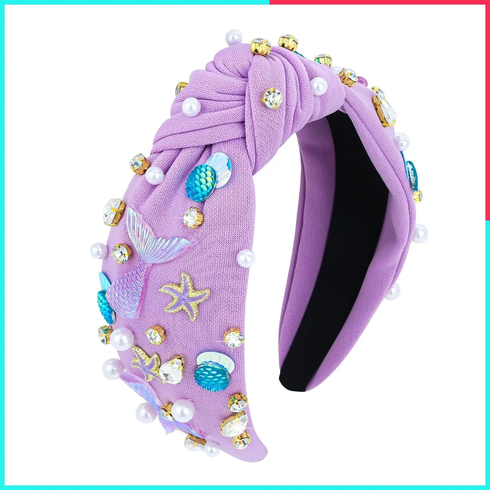 Purple Mermaid Knotted Headband for Women with Pearl Rhinestones | Wide Knot Turban Headband with Ocean Starfish Shell Decor, Mermaid Birthday Party Hair Accessory