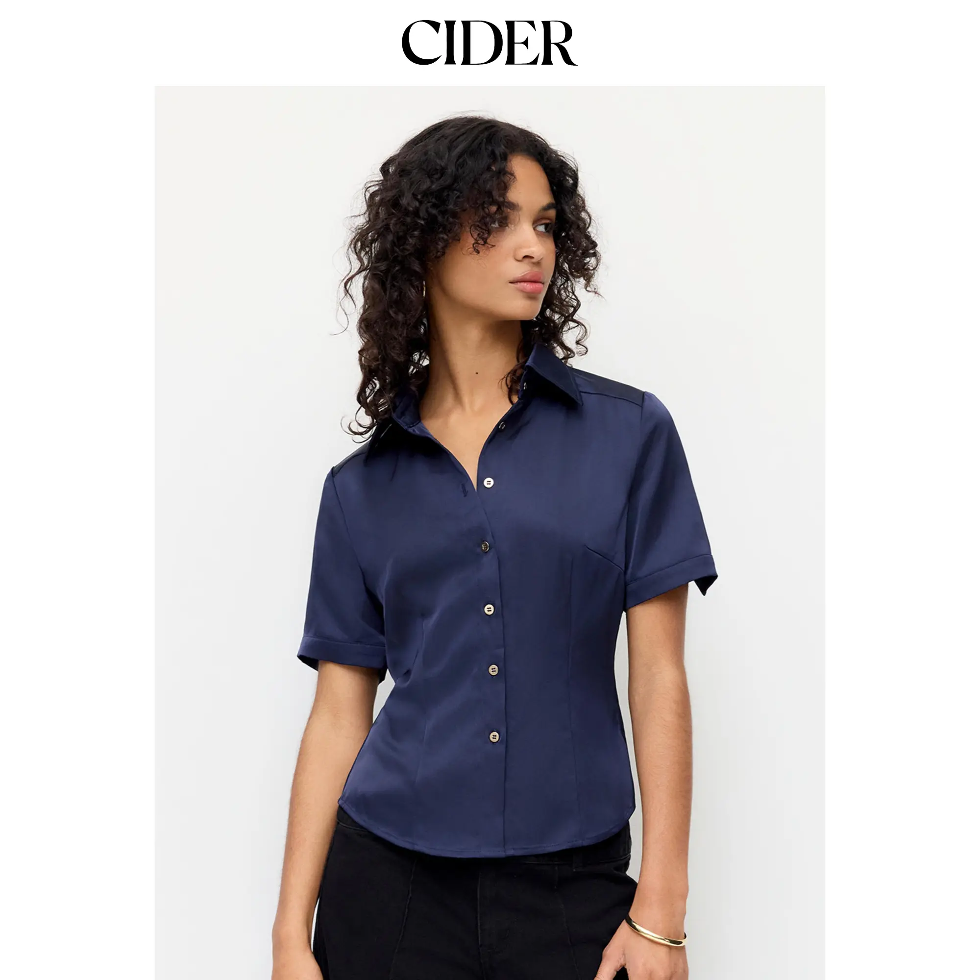 Cider Satin Collar Short Sleeve Button Front Blouse