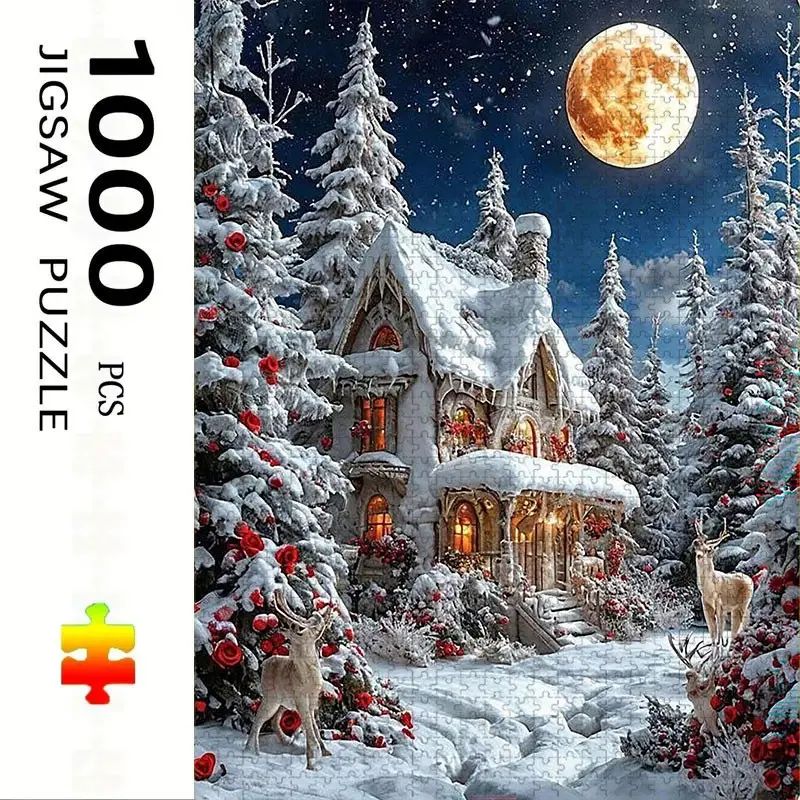 1000 Piece Rose Tree and Snow Cabin Puzzle, Large Adult Family Interactive Toy, DIY Home Decor, Holiday Theme, Durable Puzzle