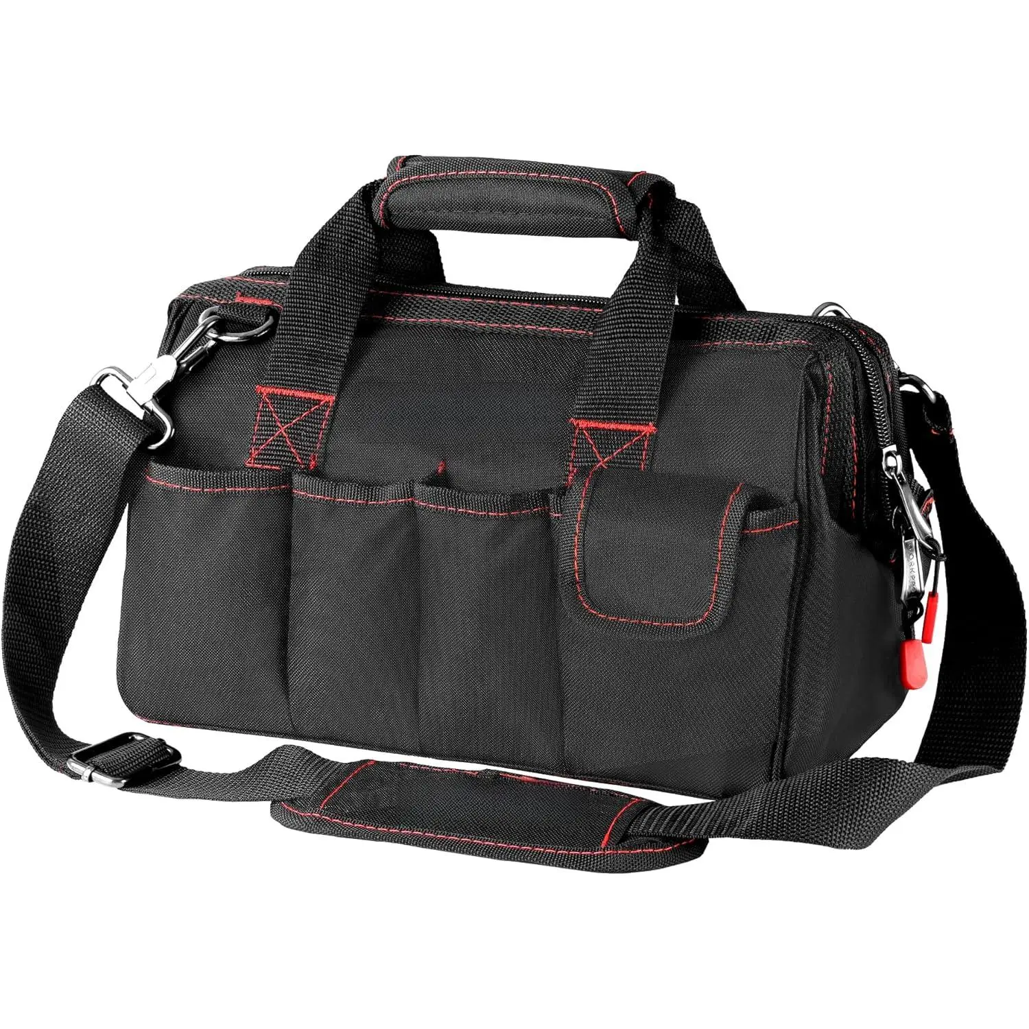 12 In Polyester Close Top Wide Mouth Tool Bag, Tool Storage Organizer with Wide Open Zip & Various Pockets, Model W081020A