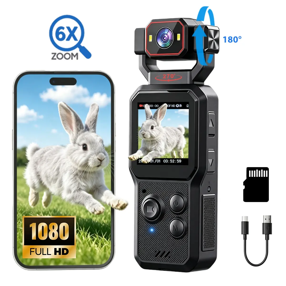 Pocket Vlog Camera with 270° Rotating Lens, 2K HD Video Camera with Screen Display, WiFi APP Control, LED Fill Light, Microphone and 8X Digital Zoom for Travel, Vlogging & Daily Recording
