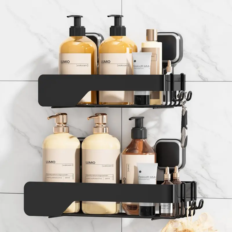 Shower Caddy Suction Cup 2 Pack,Stainless Steel Rustproof Shower Shelves,No Drilling Wall Mounted Basket,Large Capacity,Removable Suction Cup Bathroom Organizers & Home Decor,Black