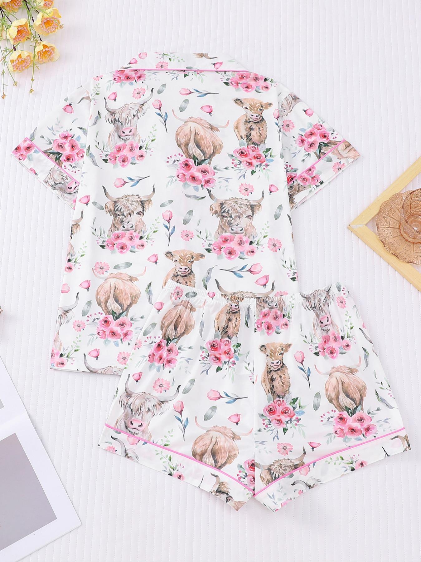 Women's All-Over Cow-Print Contrast-Trim Shirt & Elastic-Waist Shorts Pajama Loungewear Set, Casual Comfy Short Sleeve Collared Top & Shorts PJ Two-Piece Set