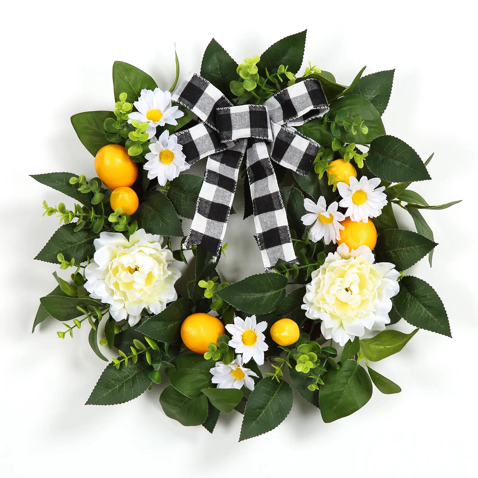 20" Lemon Wreath with Faux Yellow Lemon Daisies Flower，and Peony, Fall for Home Walls Spring Lemon Decor for Festive and Front Door Wreaths
