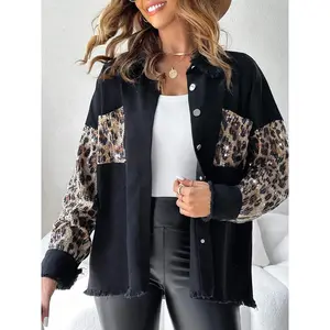 Women's Denim Leopard Sequin Shirt Jacket Coats, Womenswear, Long Sleeves, Vintage Cool Casual Statement Style, Fringe Design, Perfect for Streetwear, Daily Wear, Parties, Tops, Piece