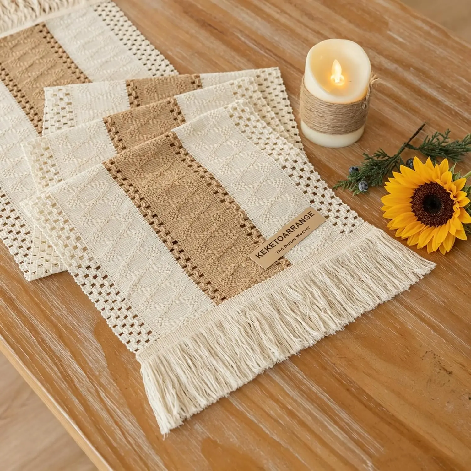 Boho Table Runner Cream Beige Brown for Home Decor 12x72 Inches Farmhouse Small Woven Burlap Rustic Coffee Table Runner Dresser Scarf Dining Centerpiece Bohemian Decor