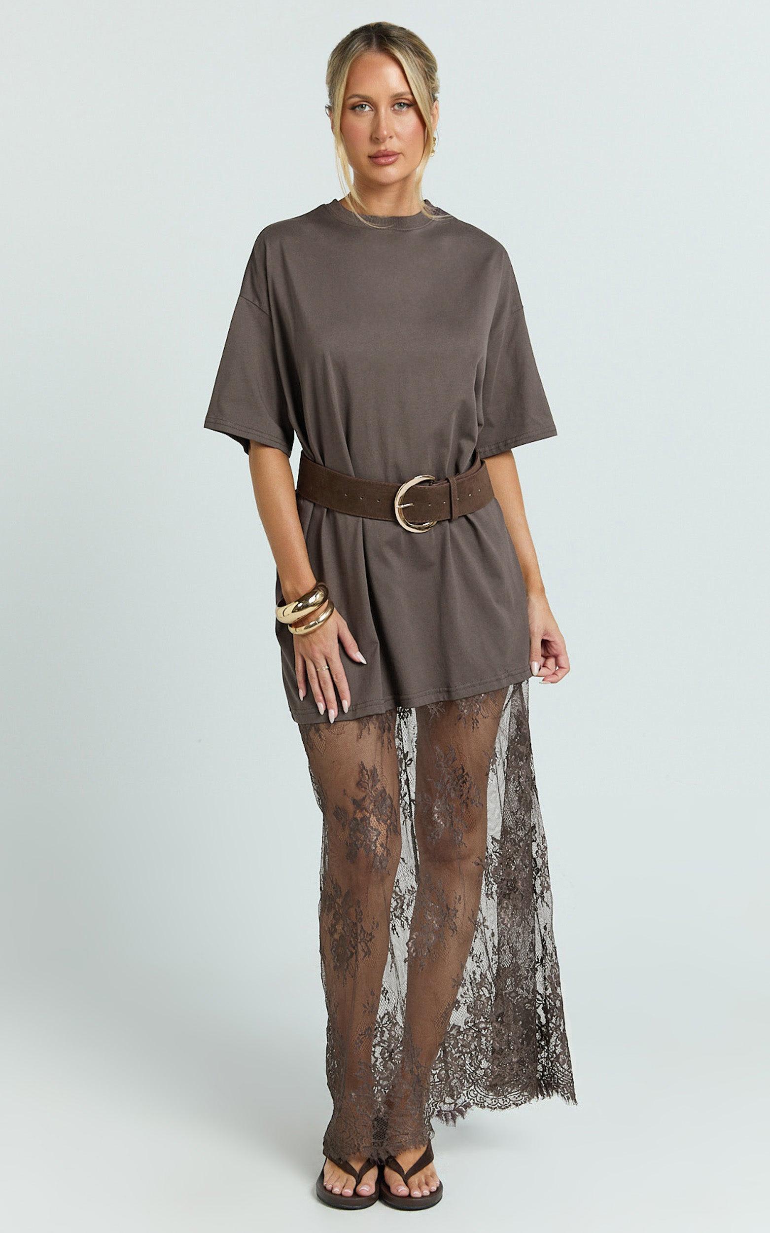 Women's Black Oversized T-Shirt Maxi Dress with Sheer Lace Hem Drop Shoulder Short Sleeve Perfect for Street Style...