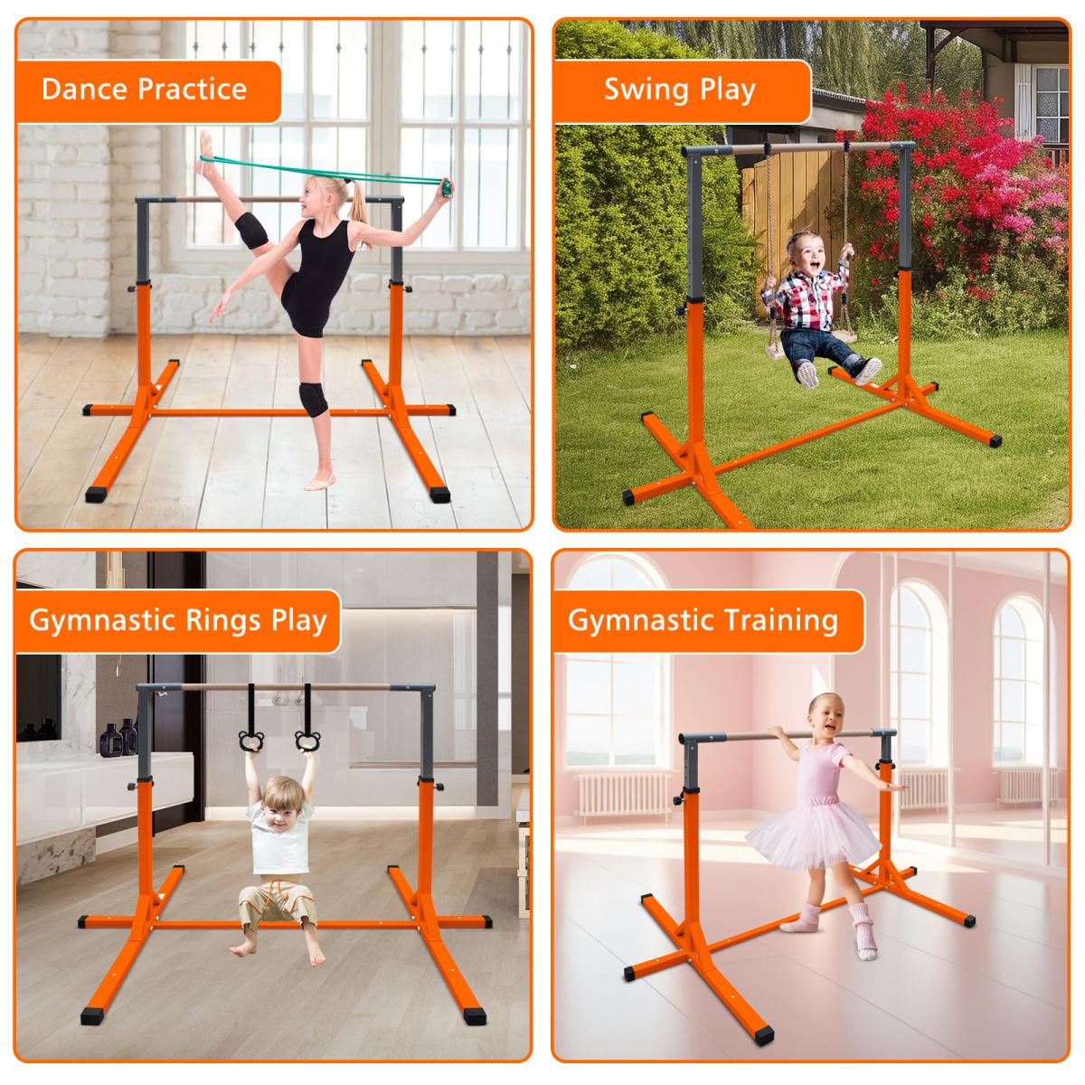 [Fahuac] Gymnastics Bar for Kids, Adjustable Height 39"-62" Junior Training Kip Bar for Home, Sturdy Metal Base with Non-Slip Cover, Easy Assembly, for Kids 3+ Years Orange
