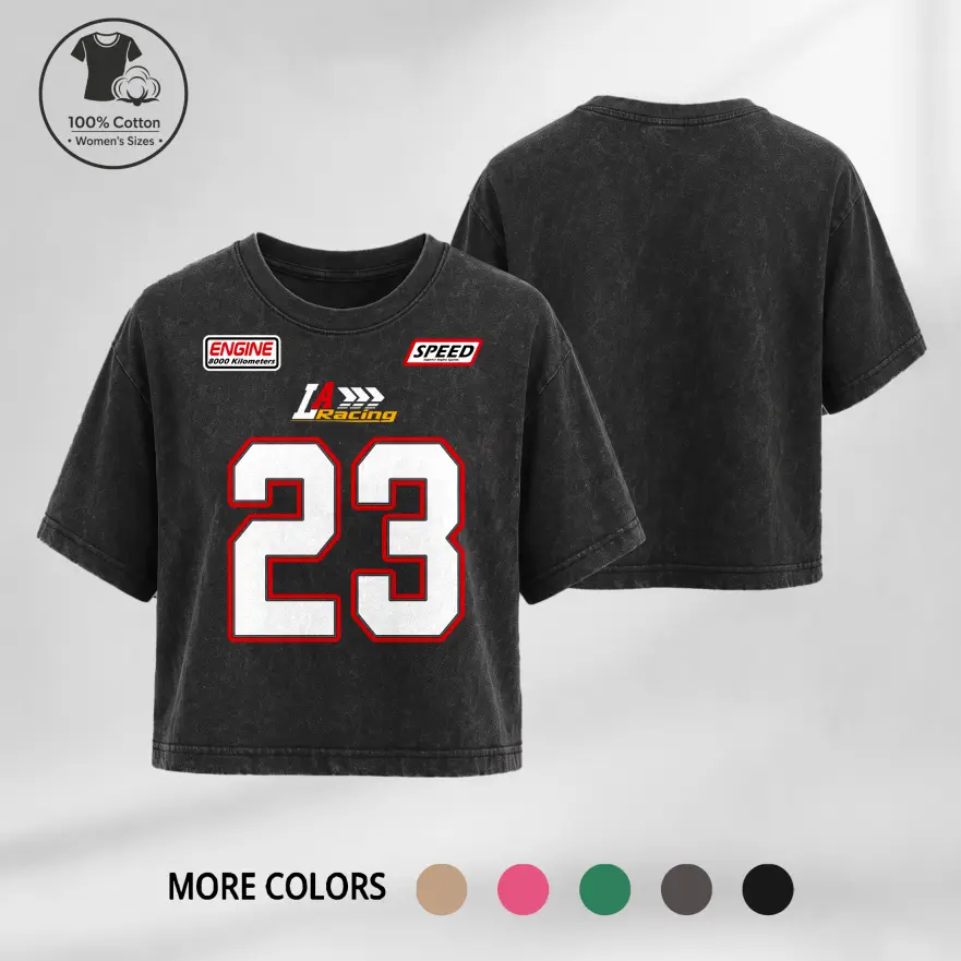 Women’s Vintage Racing 23 Logo Graphic Acid Wash Cropped T-Shirt, Garment Washed Cotton Slim Fit Crop Top, Soft Breathable Summer Streetwear Basic Tee for Daily Wear and Casual Outfit Styling