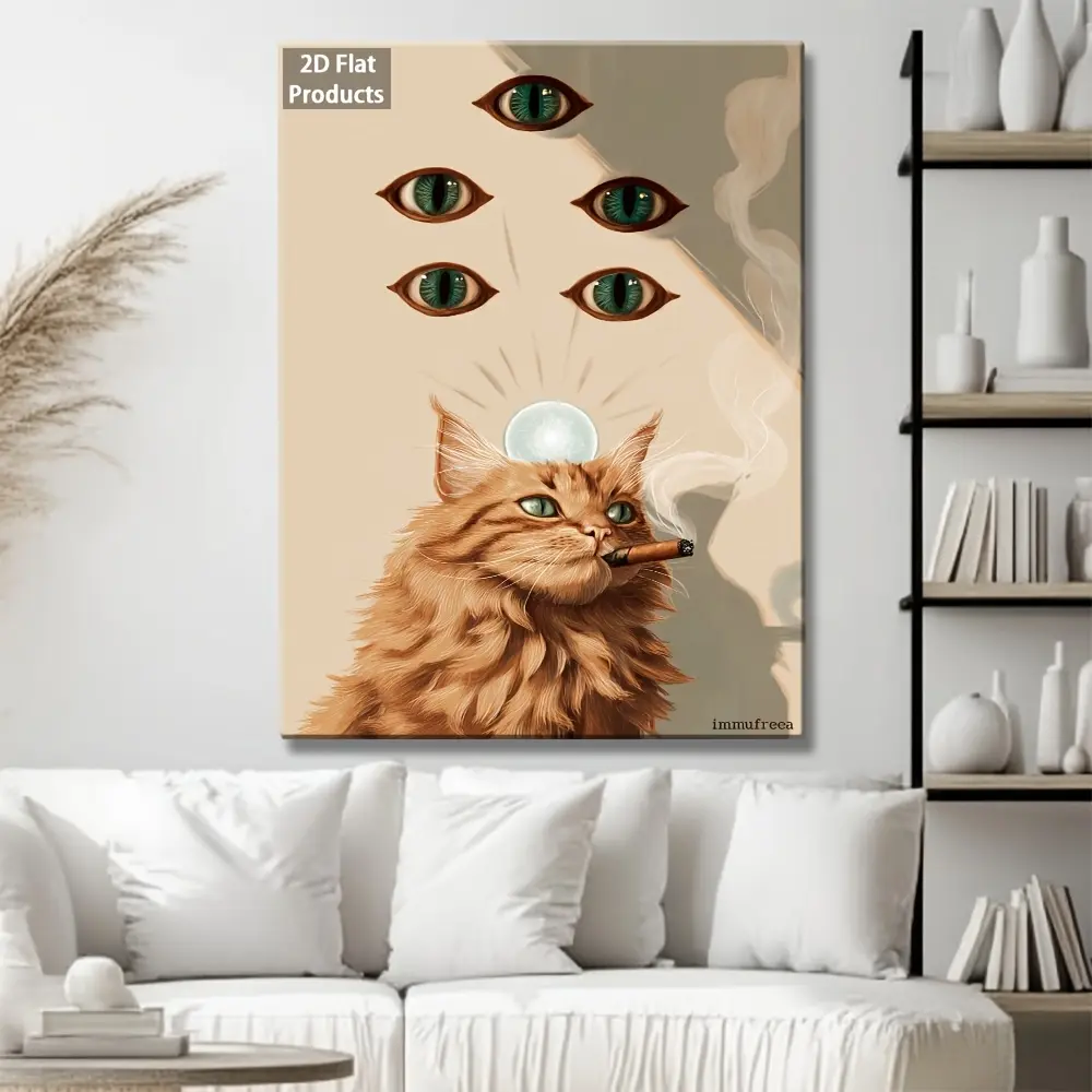 2D Fluffy Orange Tabby Cat Wall Art Poster - Wooden Framed Wrinkle-Resistant Canvas Painting with Marble Accent, Decor Inspo Modern Minimalist Luxury Geometric Retro Wrap-Around Frame, Decor for Living Room, Kid Room, Farmhouse Housewarming Gift, Stretch