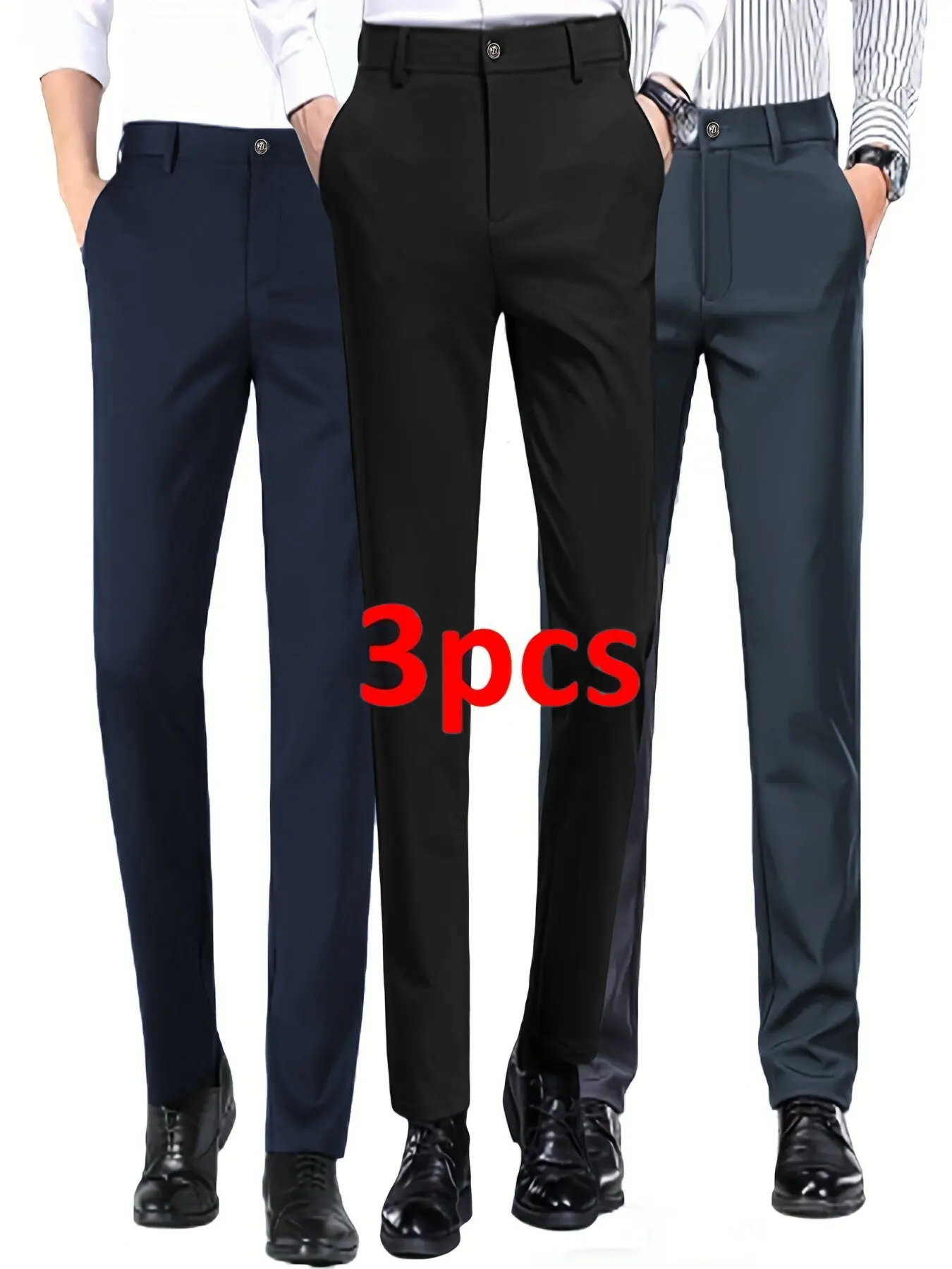 3-Pack Men's Loose Straight Leg Elastic Solid Business Pants, Casual Business Trousers, Wrinkle-Resistant, Comfortable, Casual & Formal, All Seasons, Fabric, Menswear