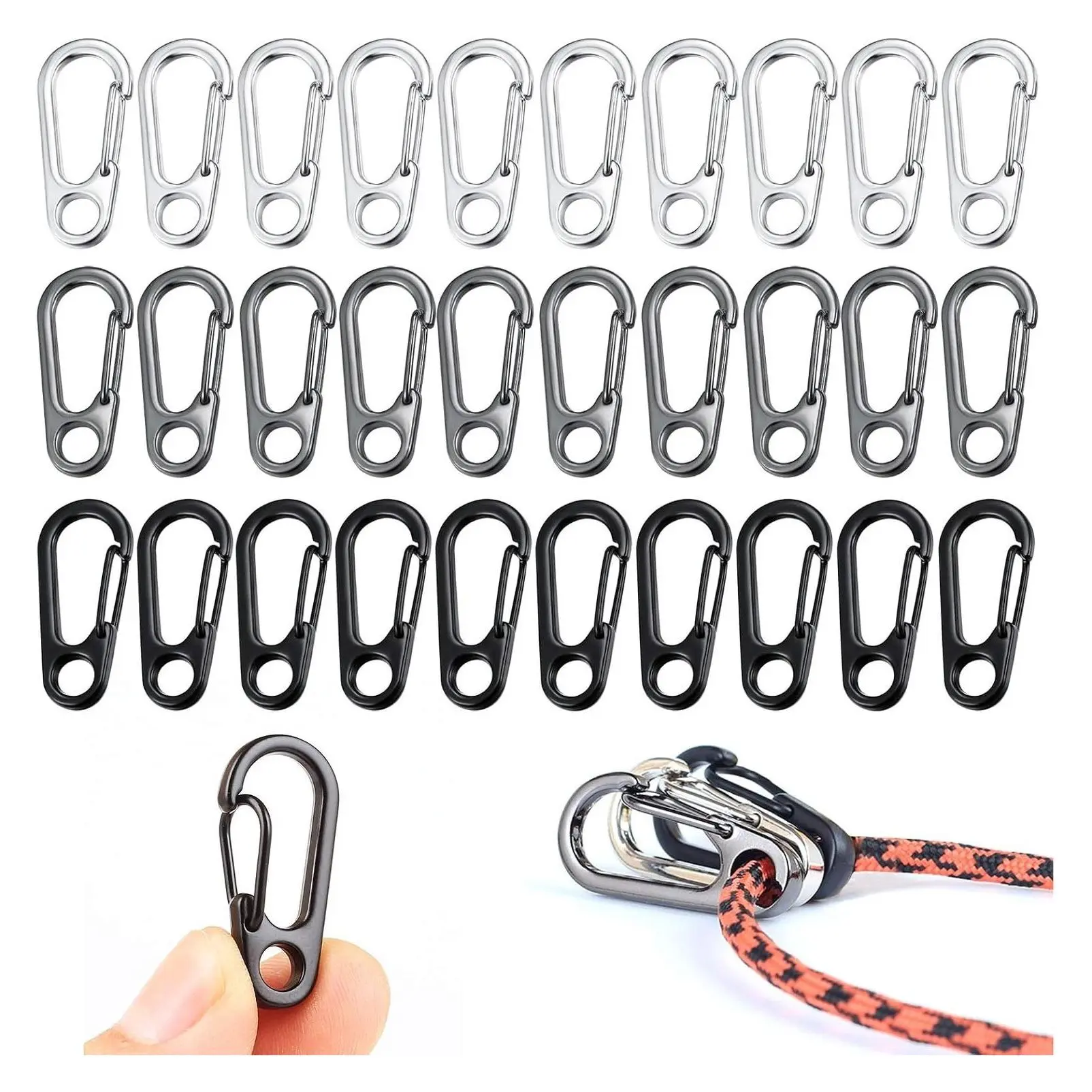 30PCS Mini Alloy Carabiner Clips, Tiny Spring Snap Hook Keychain Clasps, Small Hanging Buckle for EDC Backpack Camping Bottle Accessories, Paracord Tactical Survival Gear, 3 ColorsGift