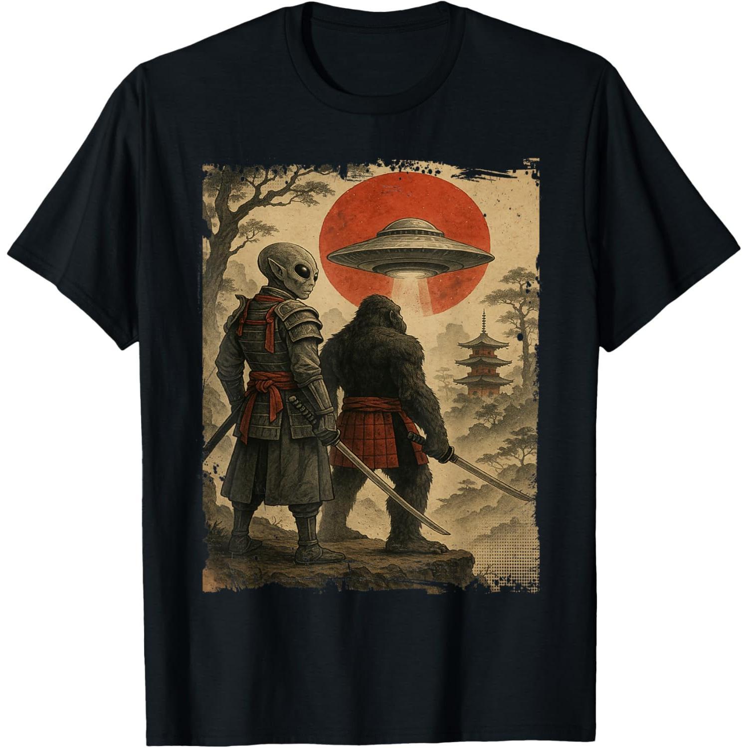 Fashion Pattern T-Shirt Streetwear Gift Bigfoot Ninja Alien Retro Japanese Samurai Wave Art Bigfoot T-Shirt Unisex