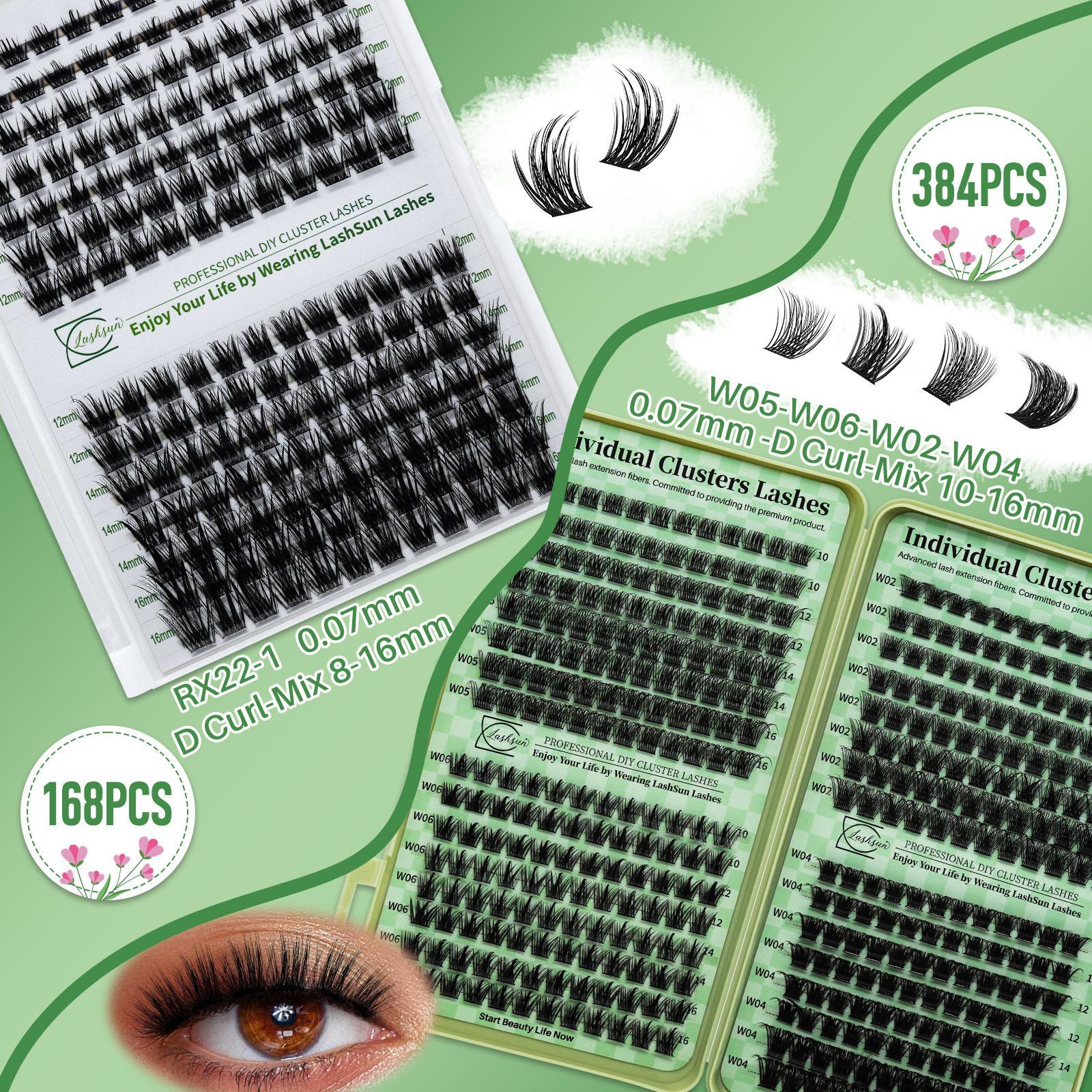 Eyelash Extension Kit, 280-Piece False Eyelash Set with 2 Glues, 2 Eyelash Removers, 2 Tweezers and 2 Brushes, Professional DIY Lash Cluster Eye Makeup Tool