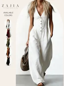 Women’s Sleeveless V Neck Jumpsuit, Casual Loose Fit Button Down, Wide Leg Romper with Pockets, Lightweight Vacation Travel Resort