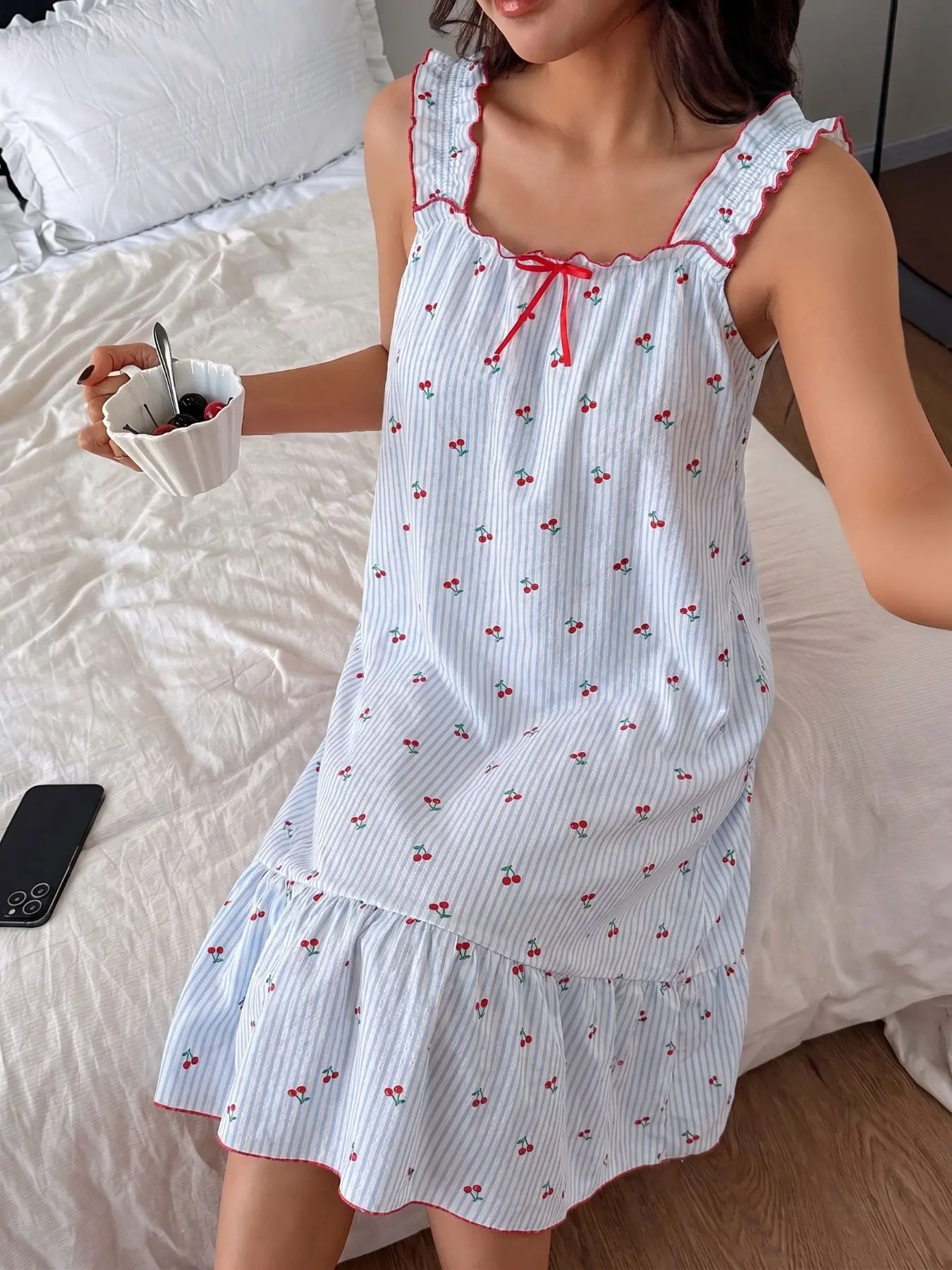 Women's Sleep Dress, Comfortable Soft Wood Ear Design, Cherry Stripe Loose Fit Sleepwear Sweet Home Wear, Casual Evening