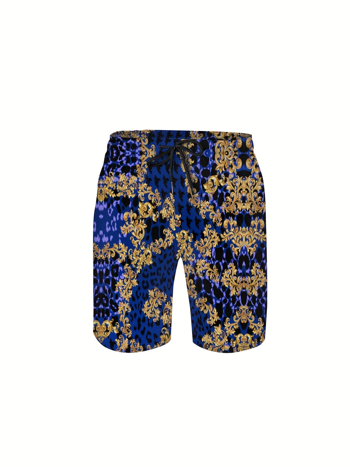 3pcs Men's Hawaiian Shirt And Short Set, Blue Luxury Golden Baroque Soft Fabric Breathable Shirt Button Short Sleeve Casual Beach Shirts Outfits with Bucket Hats