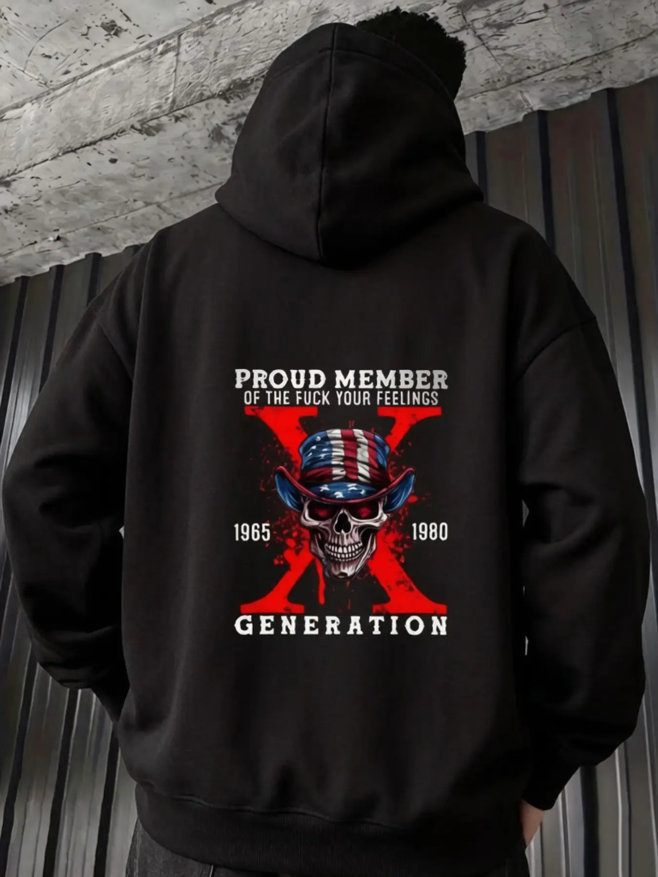 Hooded Sweatshirt, Trendy American Flag Skull X Print, Casual Pullover, Retro Patriotic Streetwear Gift, Gen X Clothing, 2026 Fashion