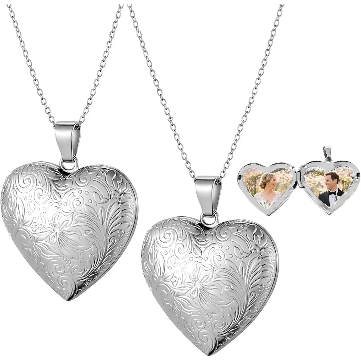 2 count Locket Necklace with Picture, Stainless Steel Necklace Pendant for Memory Photo, Heart Shaped   for Women,  Heart Pendant for Valentine's Day