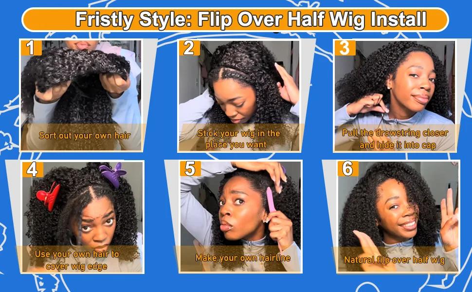 [3 IN 1] Half Wig Beginner Friendly Glueless Human Hair Wigs Deep Wave Seamless Flip Over Half Wig Invisible Hairline Kinky Curly Wigs for Women With Drawstring