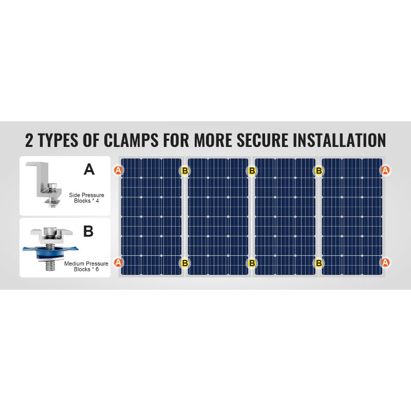 VEVOR Solar Panel Mounting Brackets, Solar Panel Mount Kit with 10x 4 Mini Rails, 4 End Clamps and 6 Mild Clamps, Solar Panel Mount Brackets for Metal Roof, Concrete Roof, Wood Roof, Tile Roof VEVOR Solar Panel Mounting Brackets, Solar Panel Mount Kit with 10x 4 Mini Rails, 4 End Clamps and 6 Mild Clamps, Solar Panel Mount Brackets for Metal Roof, Concrete Roof, Wood Roof, Tile Roof