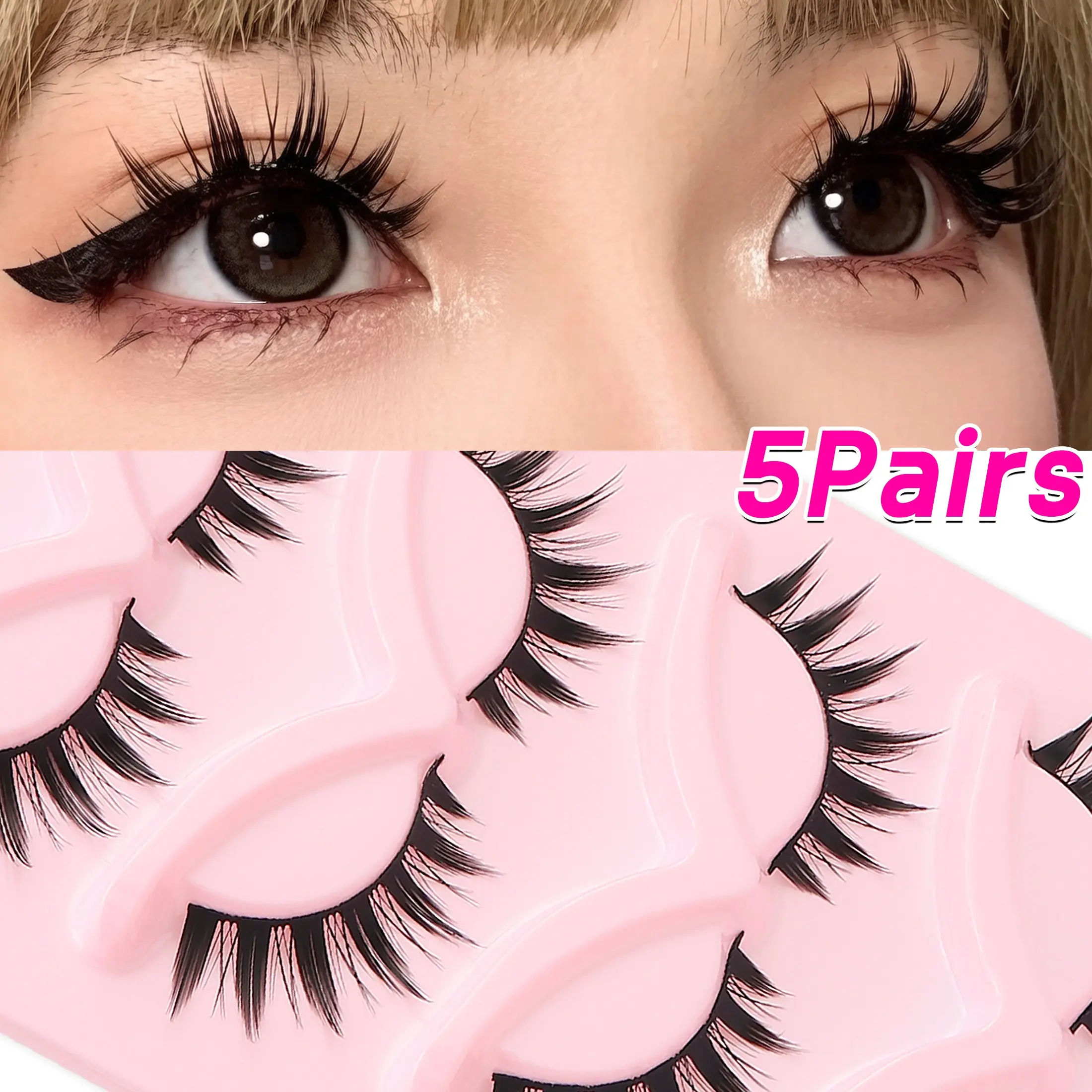 5 Pairs Long False Eyelashes, Natural Look, Cat Eye Tip, Korean Anime Style, Manga Lashes, Lightweight, Reusable, Easy to Apply