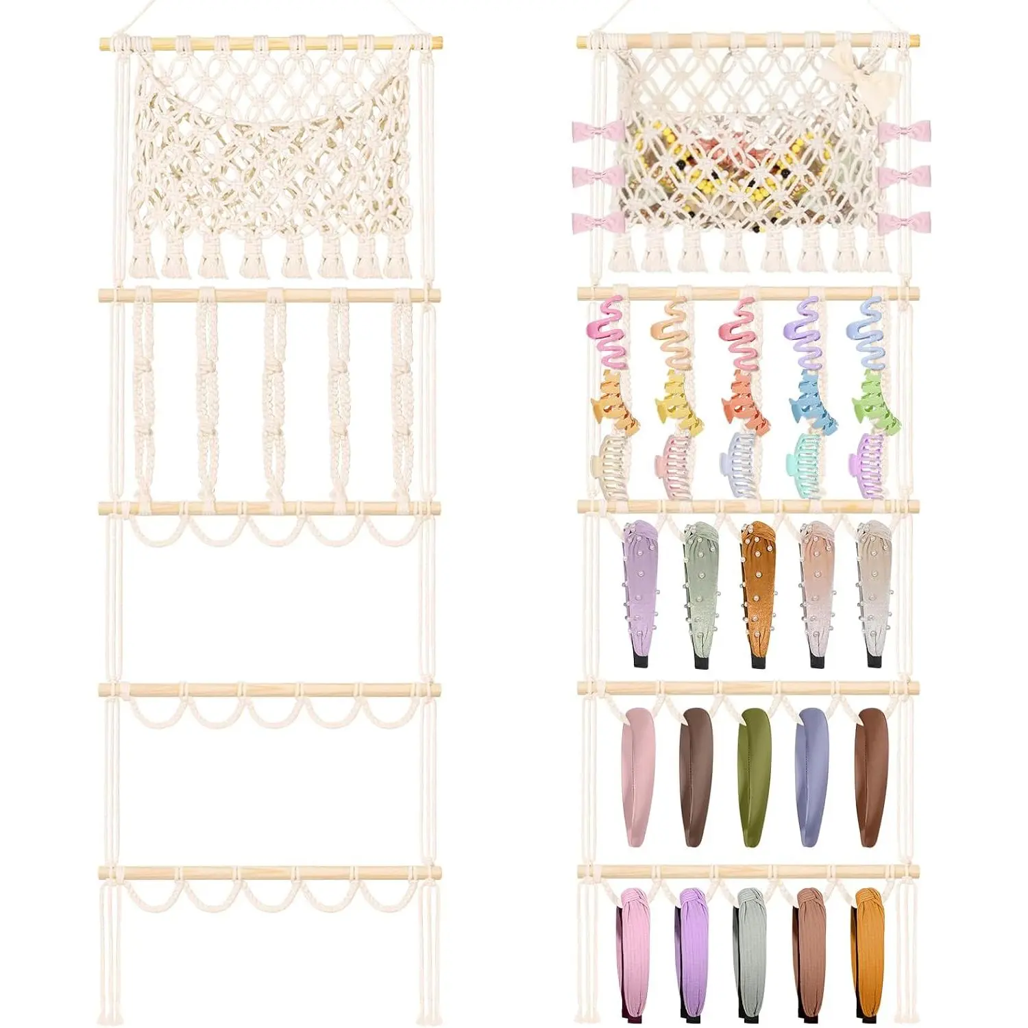 Headband Holder Hair Bow Organizer for Women, Macrame Bow Holder Hair Accessories Organizer Claw Clip Storage Large Capacity Wall  for Girls Bedroom Decor