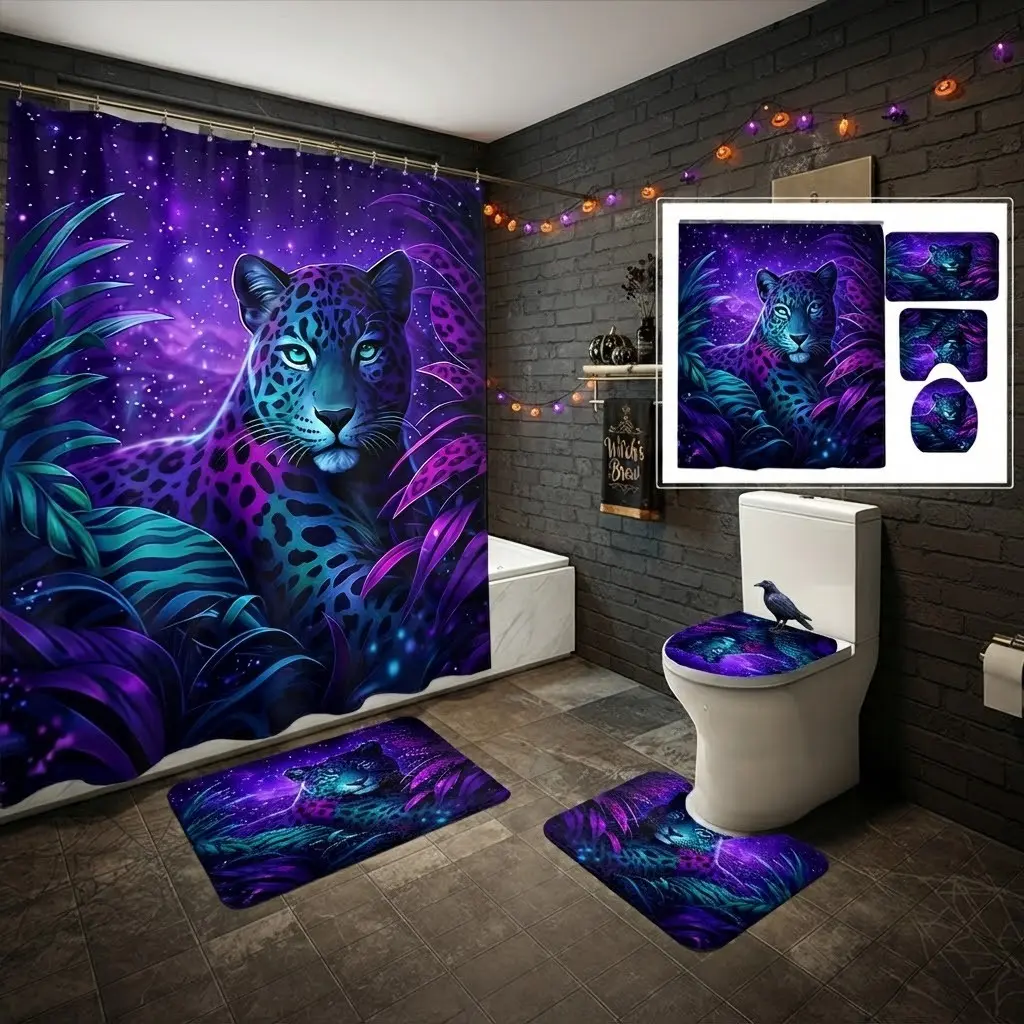 4pcs Neon Purple Galaxy Leopard Decorative Shower Curtain Bathroom Decor Set, Bathroom Decor And Accessories, thicker softer floor mat Halloween Themed Decoration