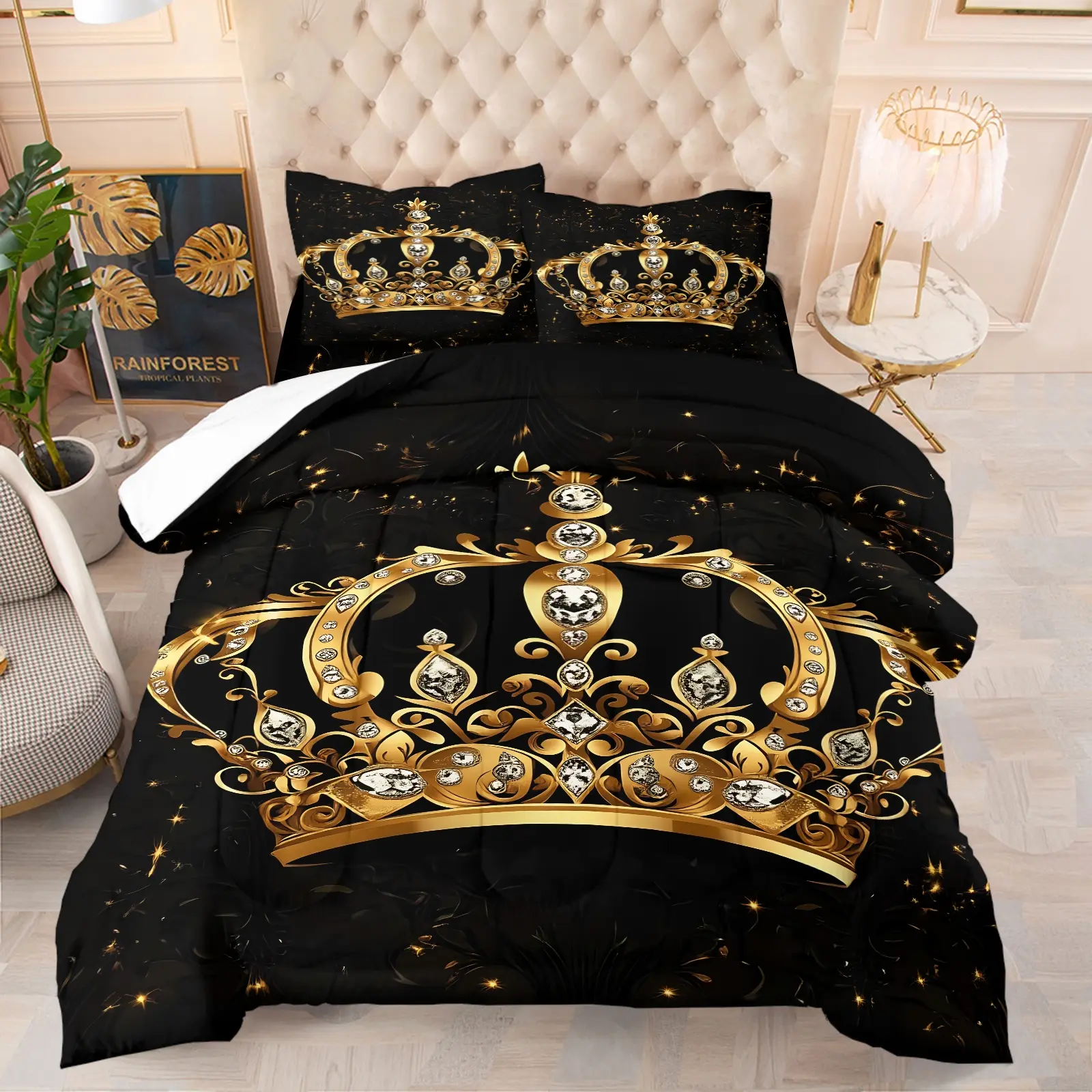 Luxury Royal Shiny Diamond Crown Print Comforter Set, Includes 1 or 2 Pillowcases, Breathable Soft Fabric, All Season Soft Warm Bedding Set, Black Base Noble Starry Bed Set, Style Perfect For Elegant Queen Women Bedroom Decor