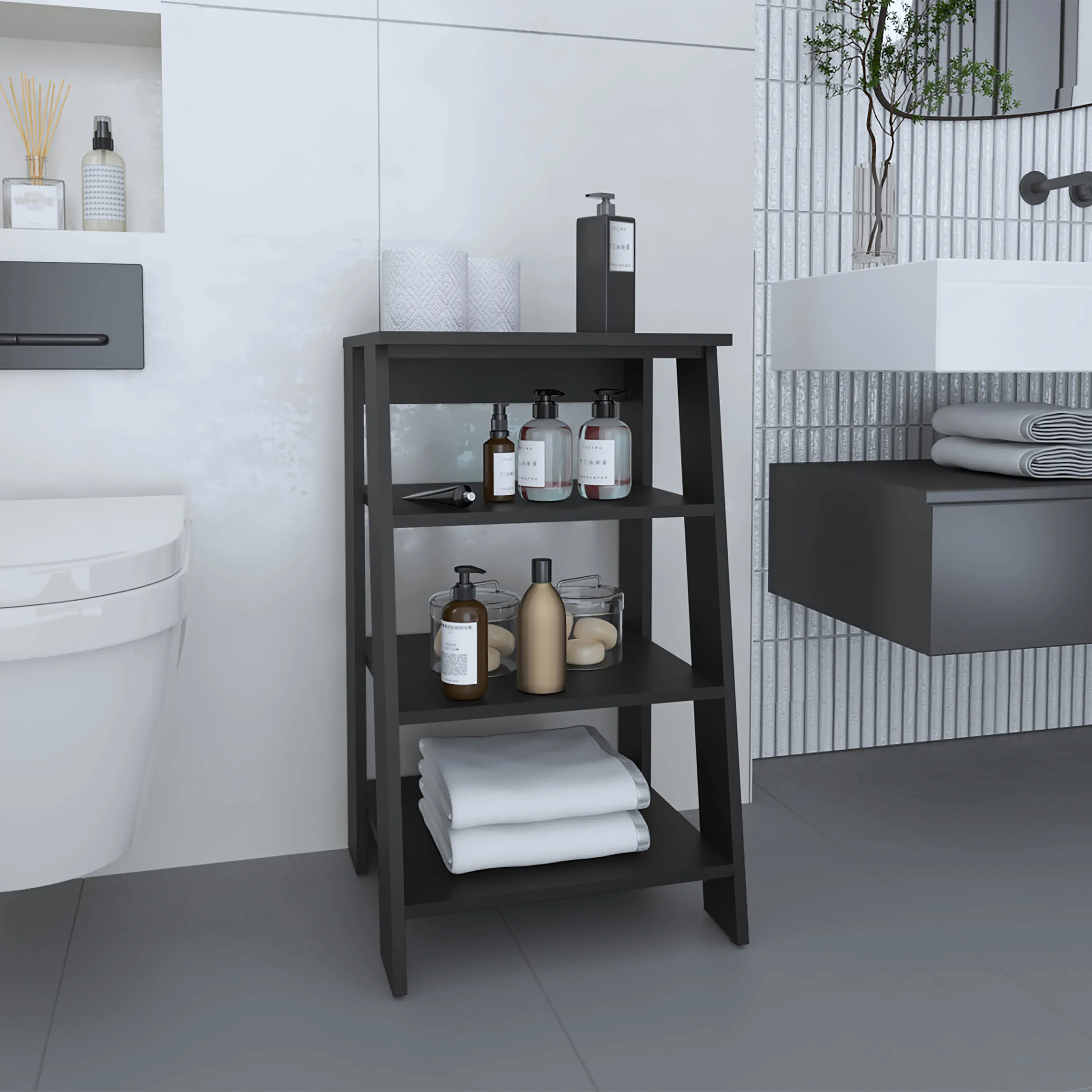 Nokaa Linen Cabinet 29.7"H Tall Storage with 4 Open Shelves, Vertical Shelf Unit for Bathroom, Living Room, Hallway, Entryway, Office, Engineered Wood, Black, Freestanding Organizer, FSC Certified