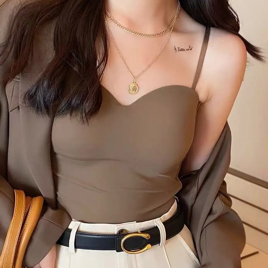 Women's Spaghetti Strap Camisole Tank Top with Built-in Bra, Thin Breathable Vest with Fixed Bra Pads for Layering Inner Wear, Layering Vest, Integrated Fixed Bra Pads