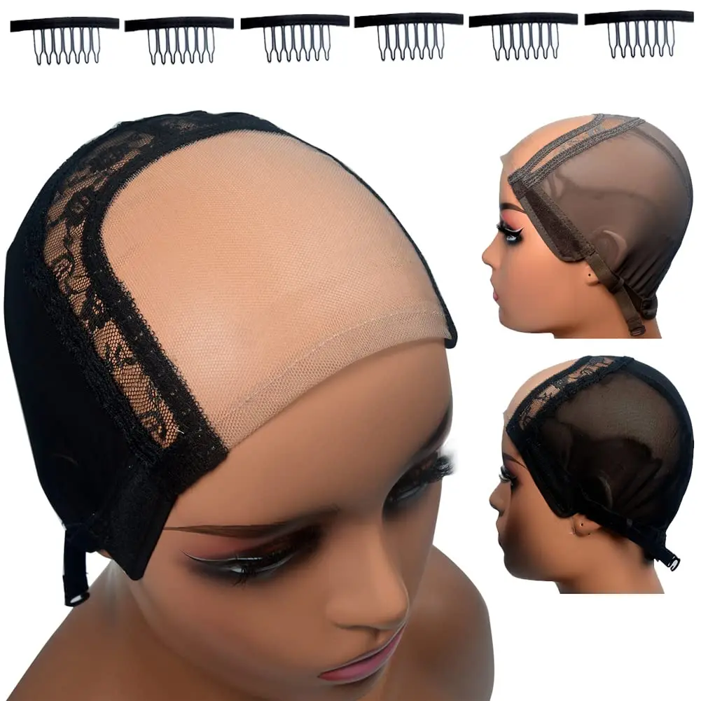 3 count Adjustable 4X4 Inch U Part Swiss Lace mesh wig cap for making wigs with straps  the  hairnet with 6 count wig combs (S(54cm), Brown)
