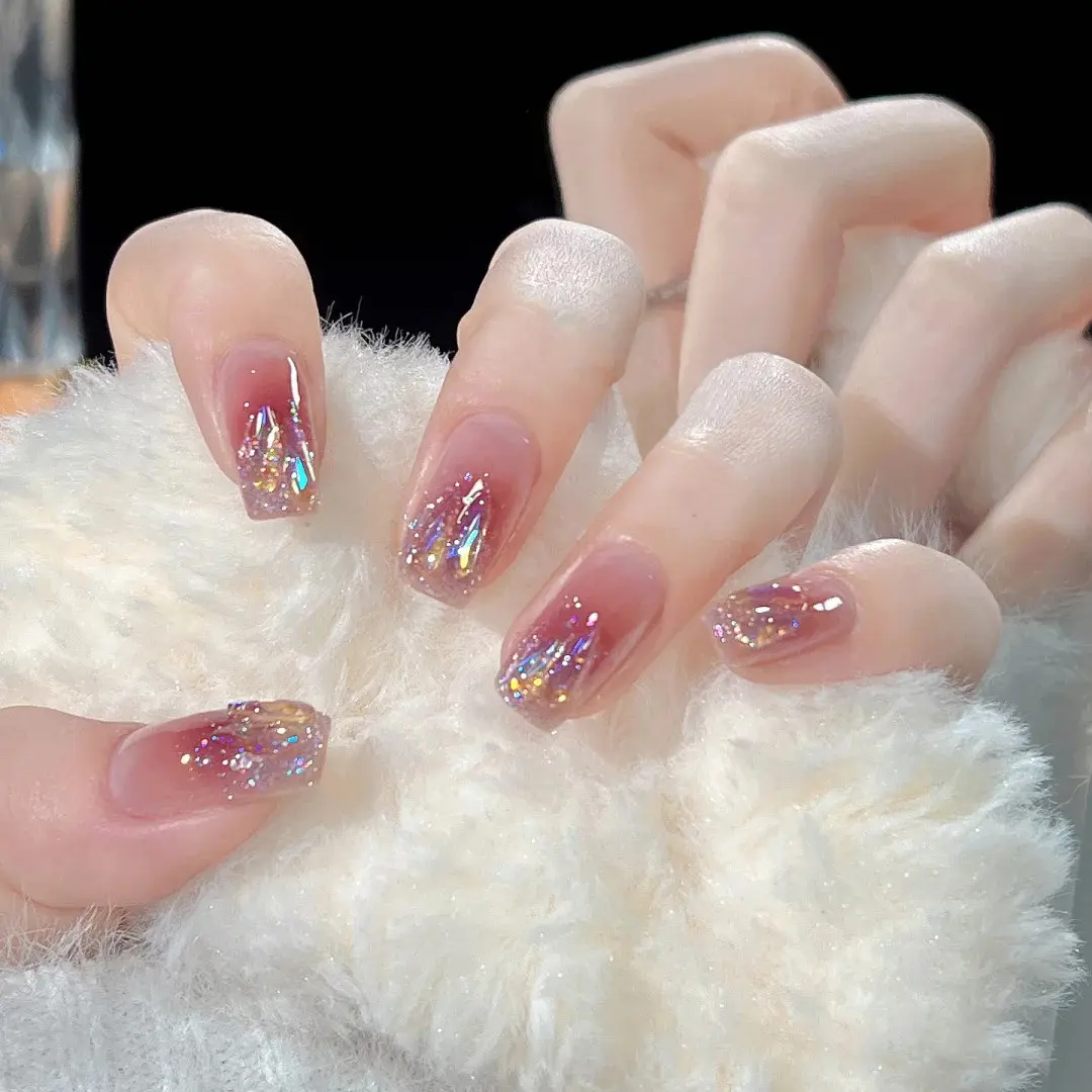 Press on Nails Viral Blush Glitter Aurora Diamond Wearable Nail Art Premium White Skin Tone Nail Tips Reusable Detachable Nails