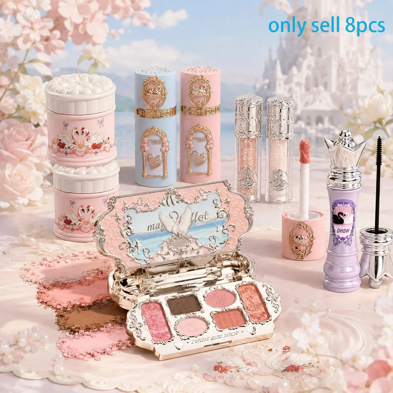 8pcs Swan Garden Makeup Set, Eyeshadow, Mascara, Lip Gloss, Blush, Liquid Eyeshadow, Perfect Gift for Girlfriend, Wife, Valentine's Day, Birthday