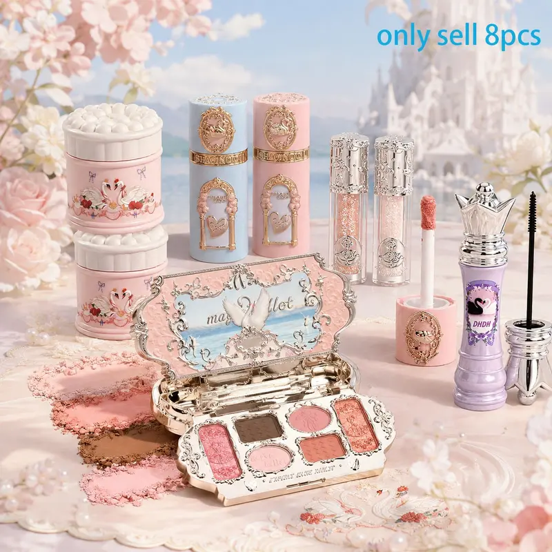 8pcs Swan Garden Makeup Set, Eyeshadow, Mascara, Lip Gloss, Blush, Liquid Eyeshadow, Perfect Gift for Girlfriend, Wife, Valentine's Day, Birthday, Face Makeup Sets