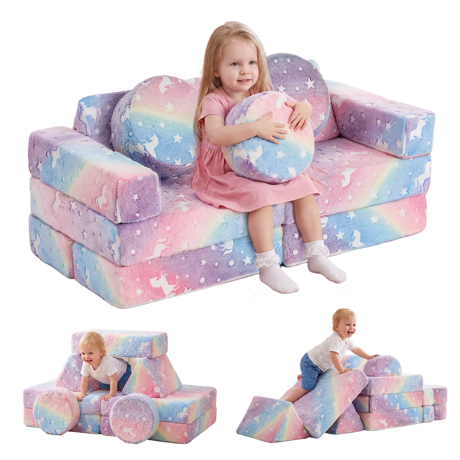 Kids Modular Play Couch – Glow-in-the-Dark Fort Building Set for Toddlers, Soft Foam Blocks for Indoor Play, Creative Castle Couch for Boys & Girls Ages 3+