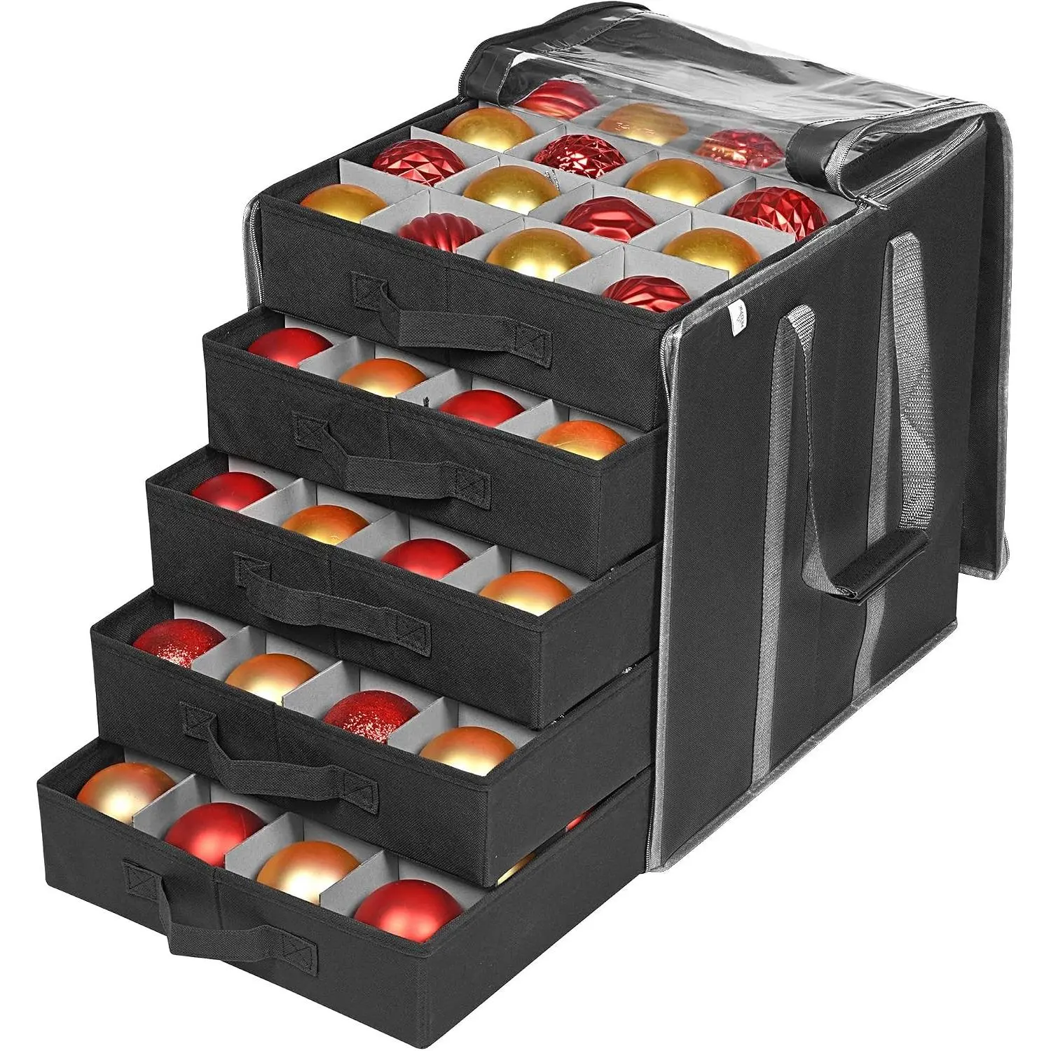 ProPik Christmas Ornament Storage Boxes with Dividers - 5 Separate Trays - Ornament Holder - Keeps 100 Holiday Ornaments - Durable Carrying Bag Handles Organizer Storage Box (Black)