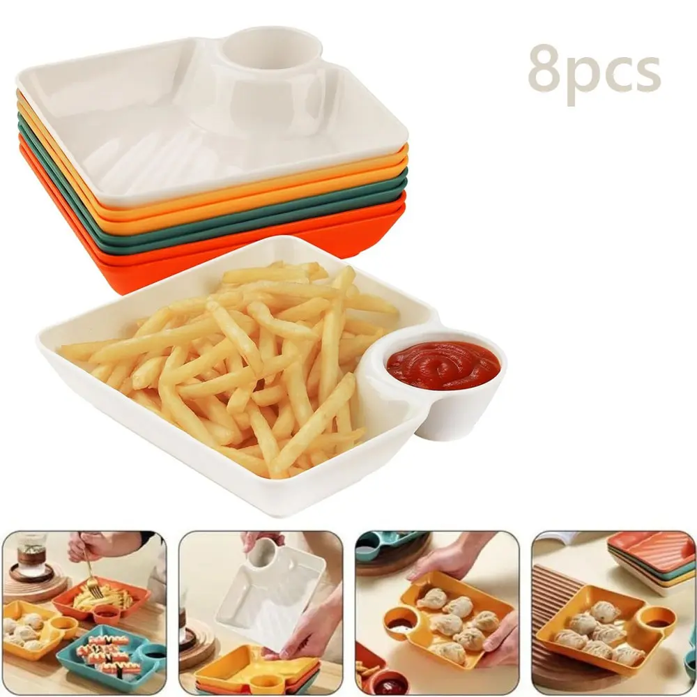 8pcs Reusable Fries and Chicken Meal Plates with Sauce Dishes, Rectangular Snack Trays with Compartments, Non-Lead Crystal Glass