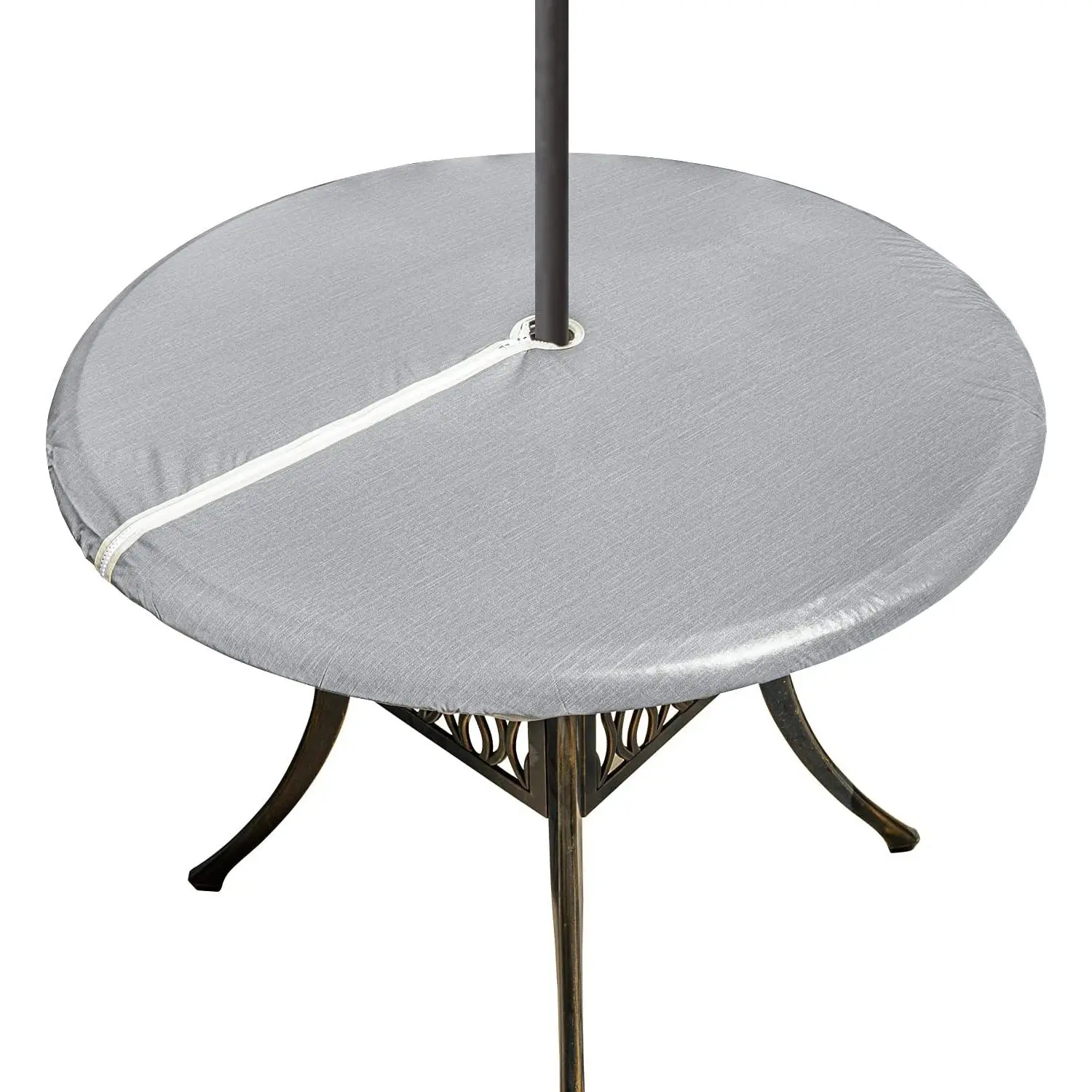 Round Vinyl Tablecloth Outdoor with Umbrella Hole and Zipper, Patio Table Cover   Wipe Clean for Picnic and Party, 40" - 44", Light Grey