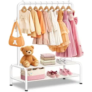 Kids Freestanding Clothing Rack with 2 Fabric Shelves, Mini Small Costume Wardrobe Closet Organizer for Baby Toddler Hanging Clothes